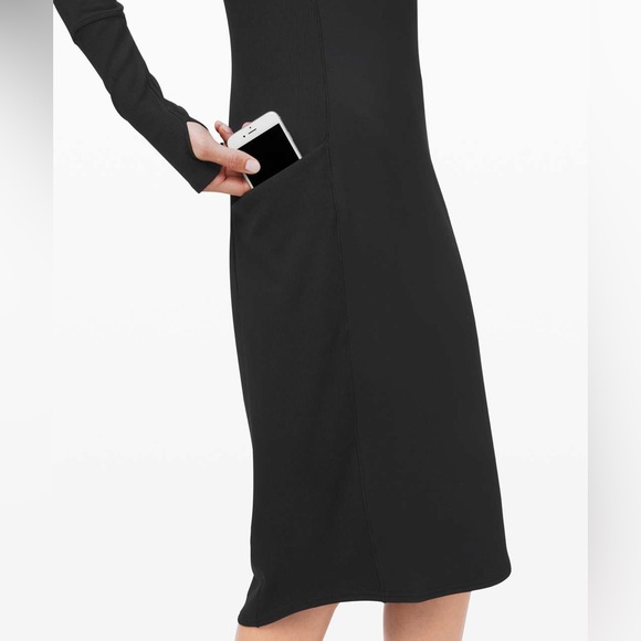 Lululemon Om and On Dress Black L Long Sleeve Midi Sheath Thumbholes Pockets - Picture 4 of 16